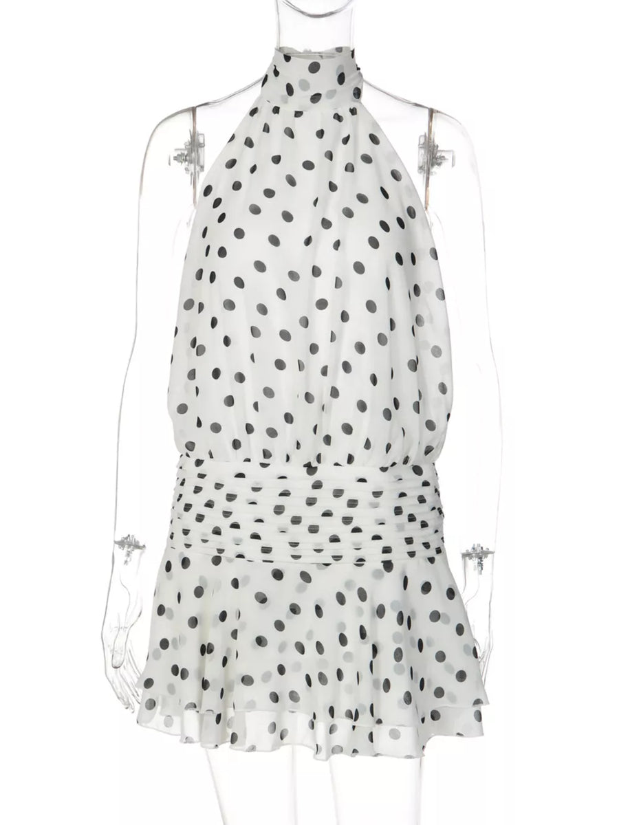 White polka dot halter neck mini dress with ruched waist detail