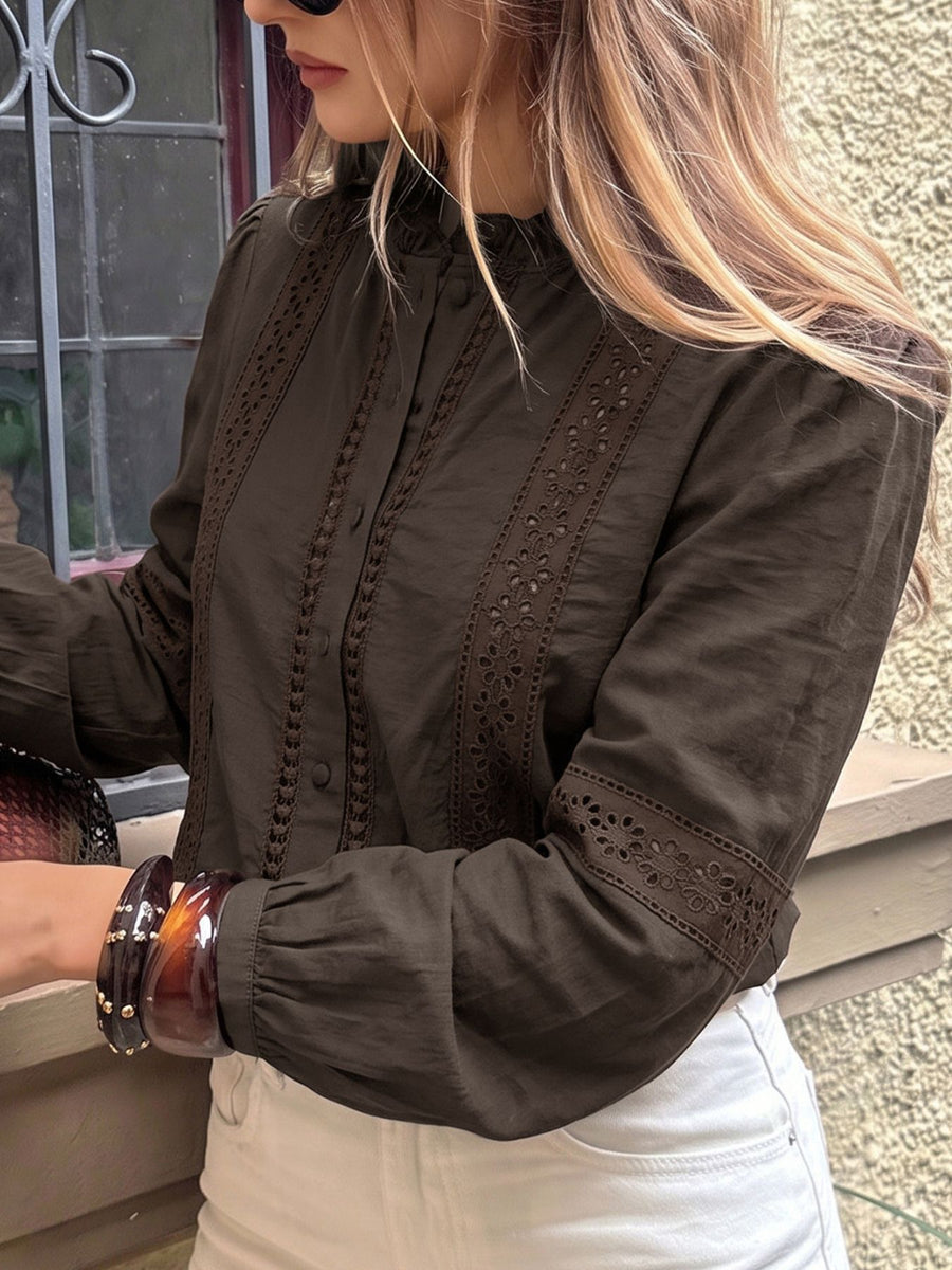 Coffee Brown blouse with hip-length and button-front