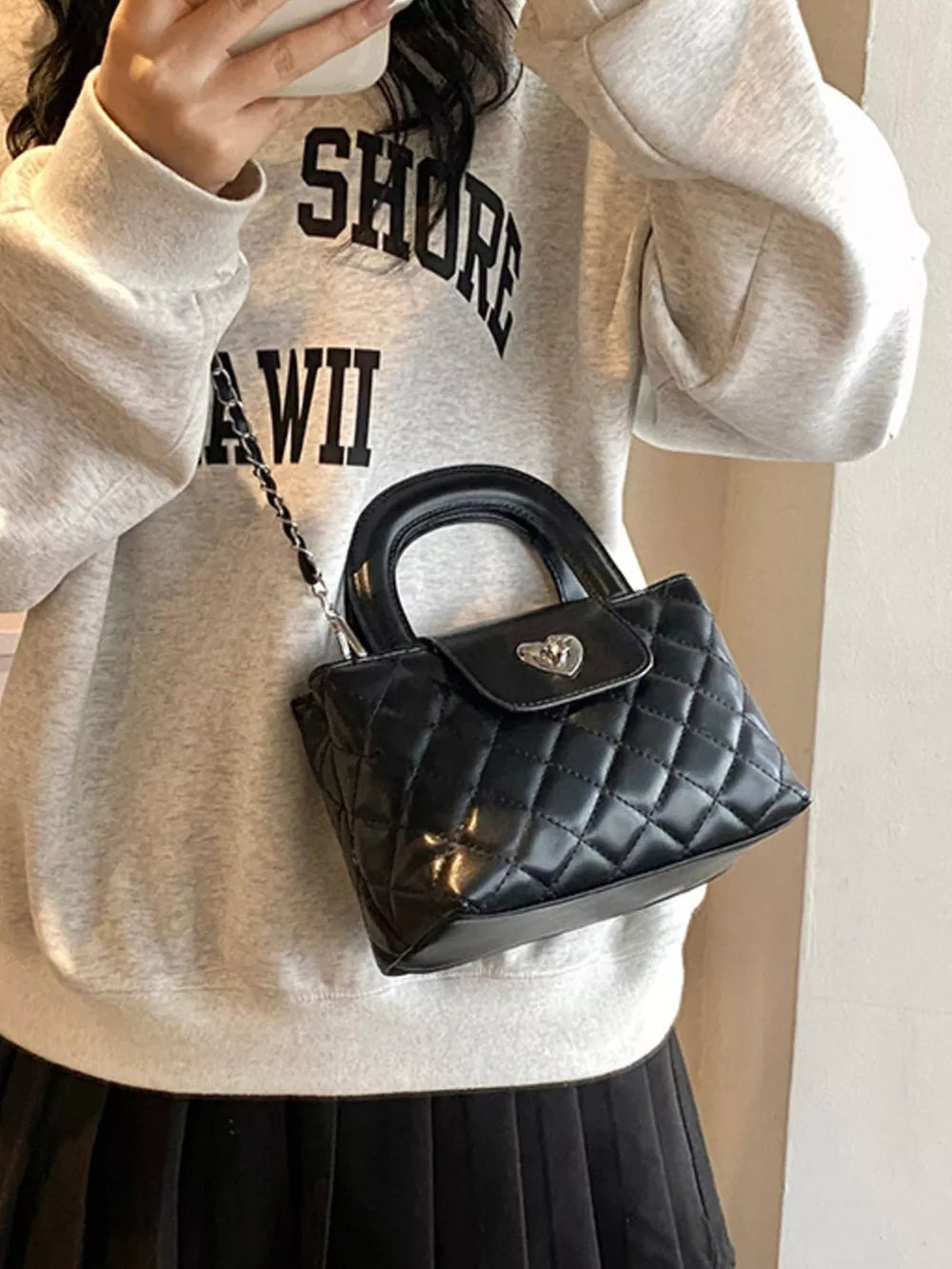 Black Quilted Heart Lock Crossbody Bag
