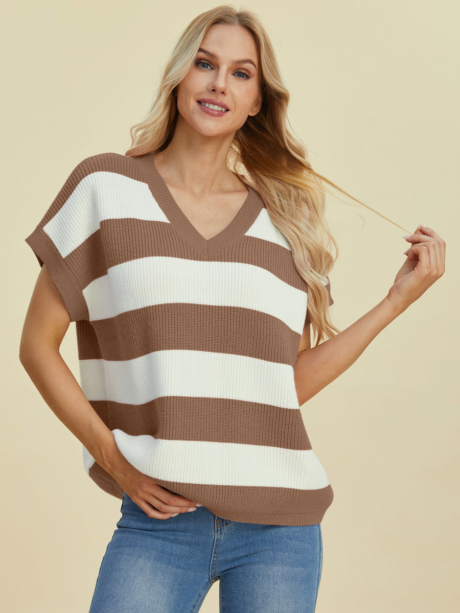 Camel and white striped knit cap-sleeve top with V-neck