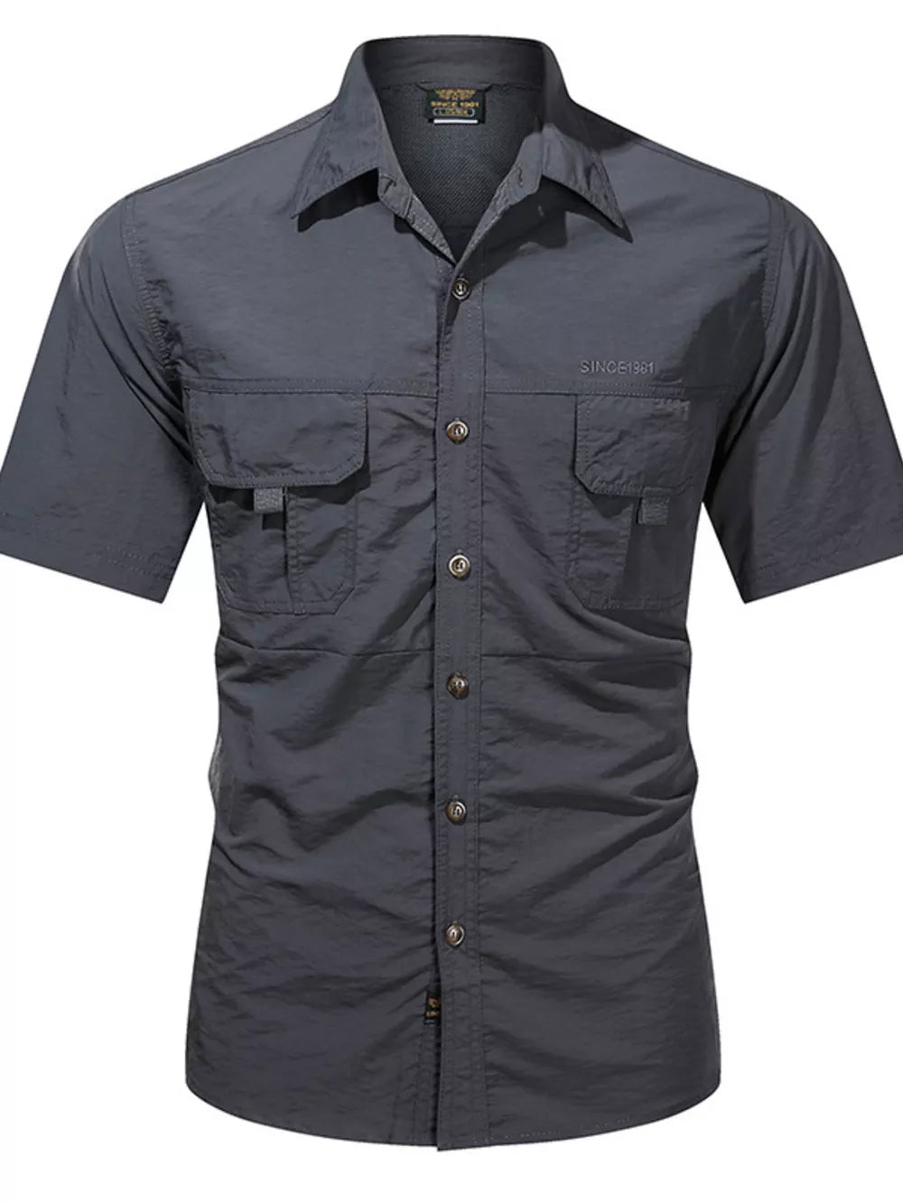 Dark gray cotton short sleeve button-up shirt with two chest pockets and a spread collar.