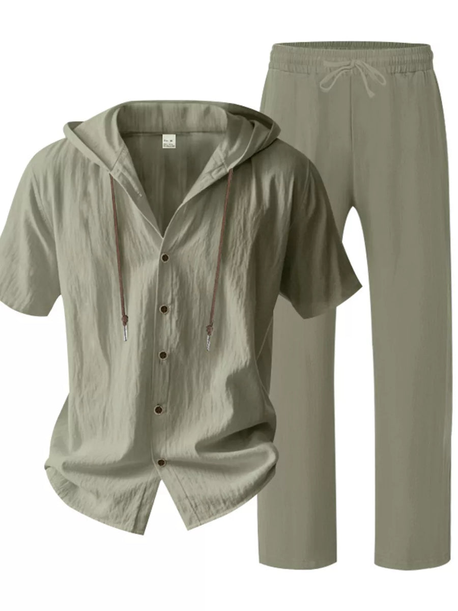 Men's Army Green Linen Blend Hooded Top and Pants Pajama Set