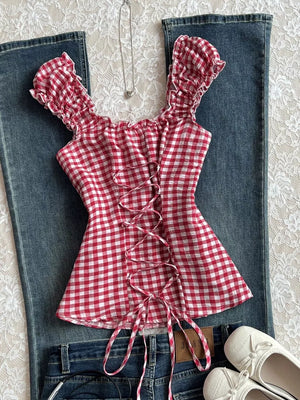 Frill Gingham Cap Sleeve Blouse option 5