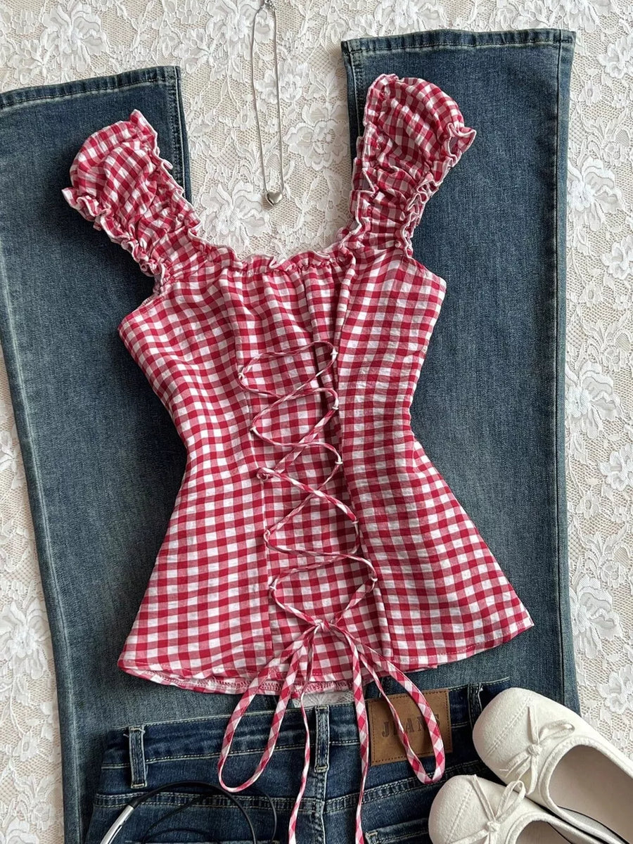 Frill Gingham Cap Sleeve Blouse option 5
