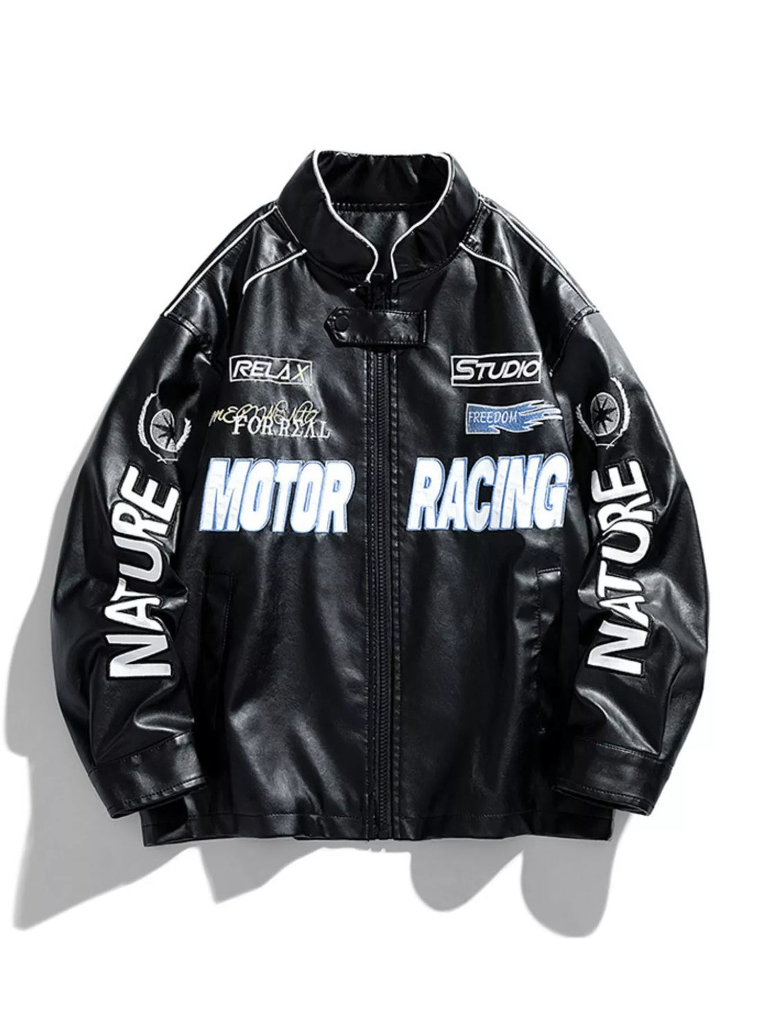 Black oversized leather racing jacket with "Motor Racing" graphic and white piping.