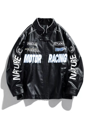 Black oversized leather racing jacket with "Motor Racing" graphic and white piping.