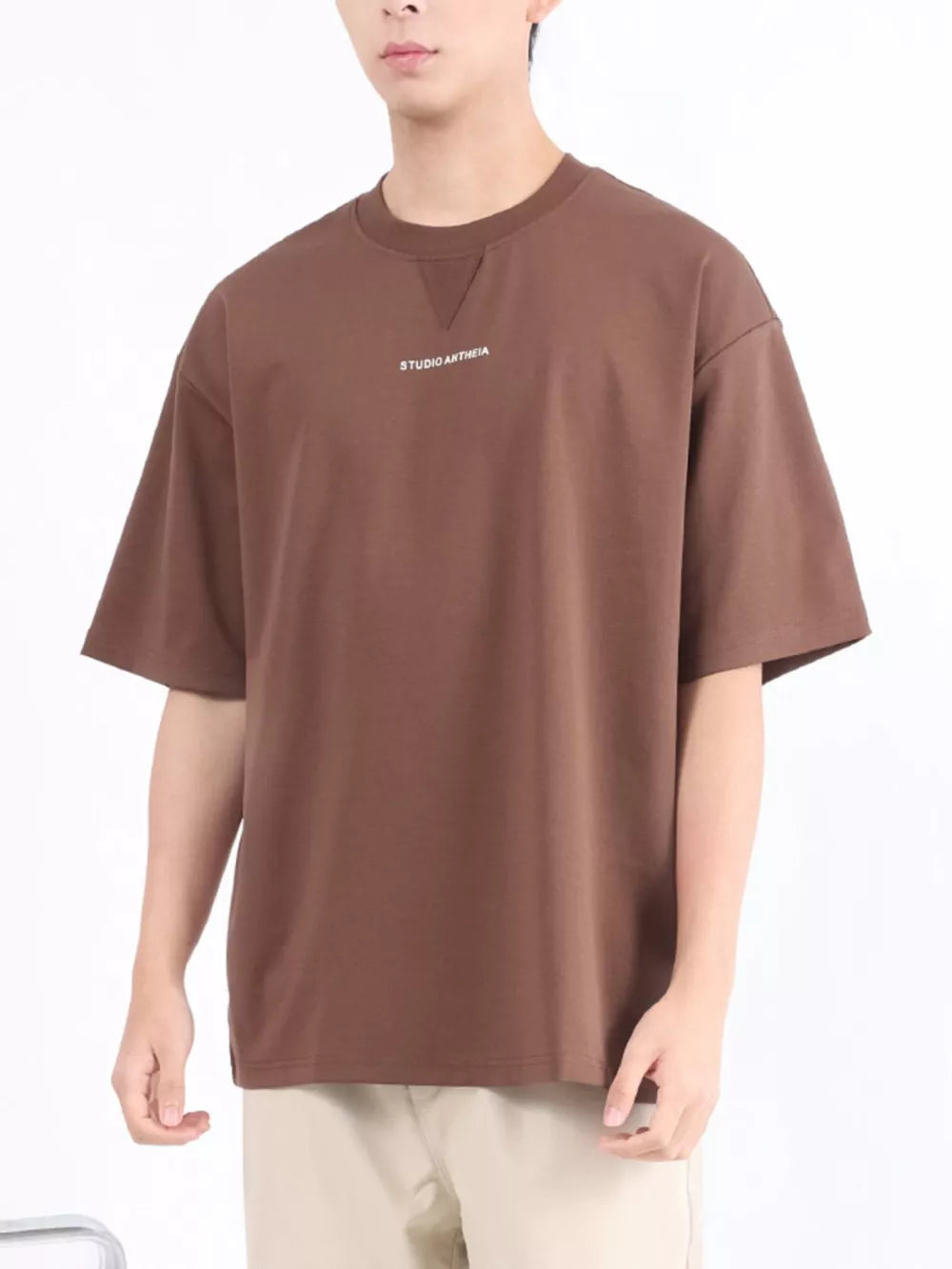 Brown cotton blend relaxed fit crew neck t-shirt with embroidered logo detail