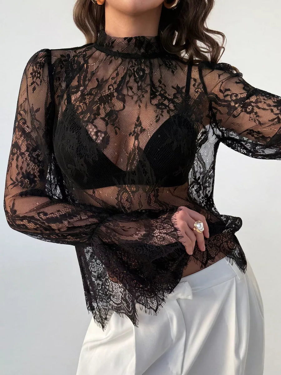 Brown Lace Flounce Sleeve Top