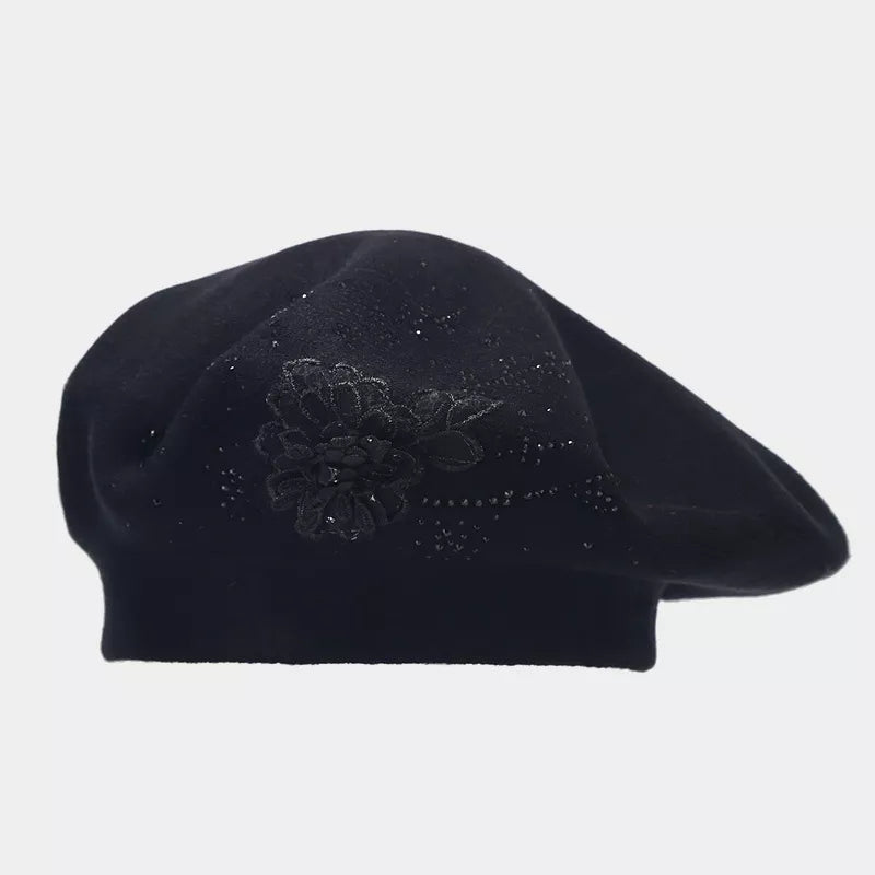 hat in black featuring rhinestone embellishment and fitted fit
