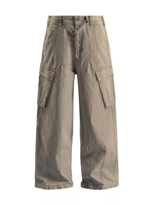 Cargo pants in taupe with drawstring waist and large side pockets.