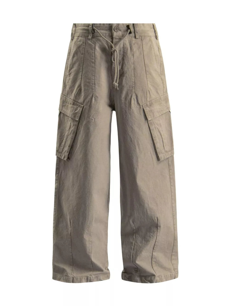Cargo pants in taupe with drawstring waist and large side pockets.