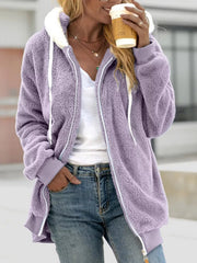 Purple fleece zip-up hoodie with white drawstring and white lining.