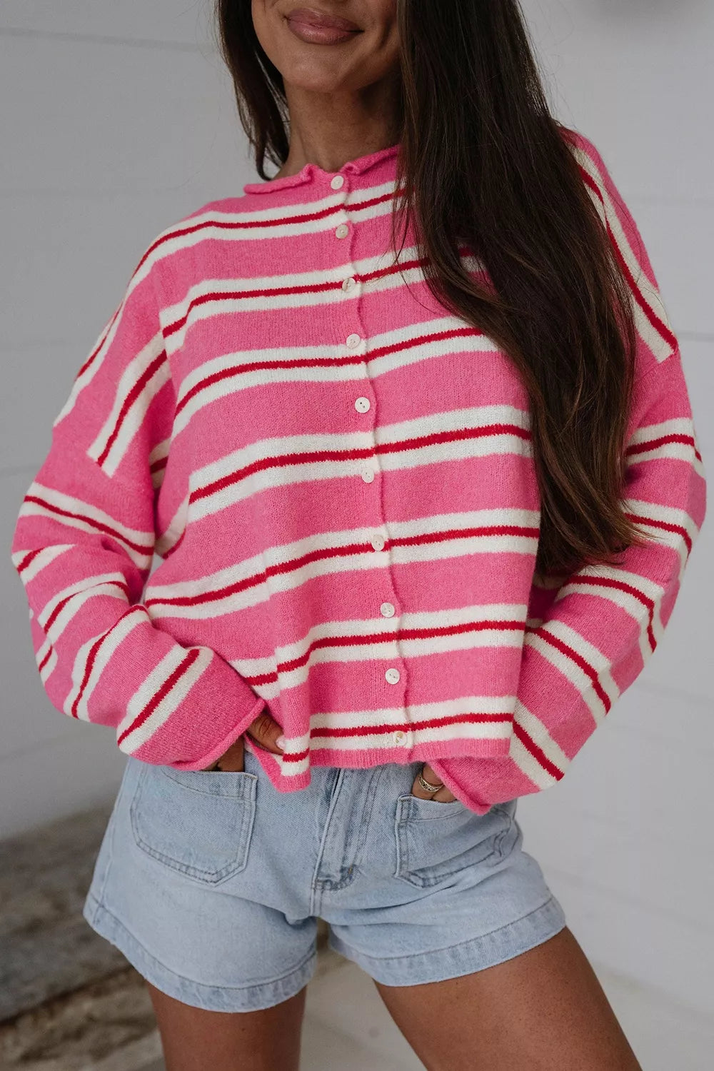 Pink Striped Button-up Cardigan