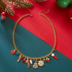 Gold charm necklace with festive Christmas icons including a stocking, tree, and snowflake.