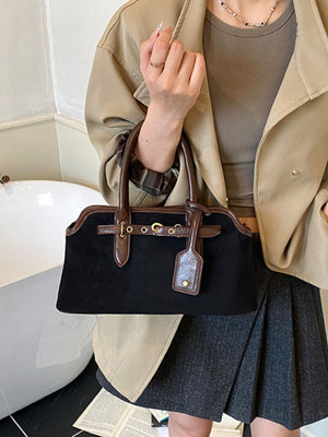 Vintage Buckle Detail Suede Handbag Tote Bag in black with buckle detail