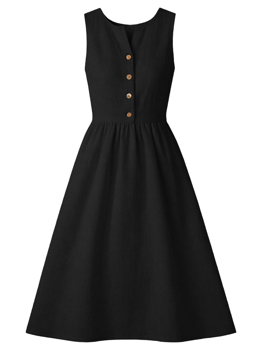 Black sleeveless midi dress with button front and A-line skirt.