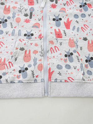 Toddler grey cotton zip-up hoodie with a whimsical cartoon bunny and nature print.