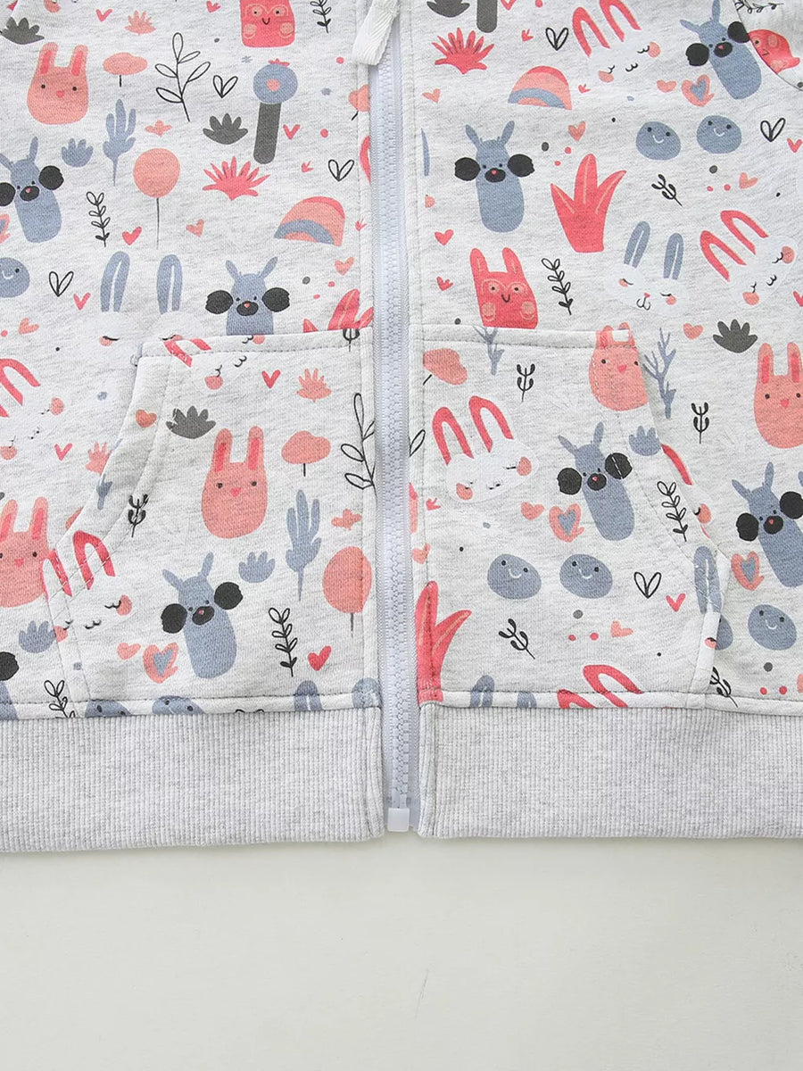 Toddler grey cotton zip-up hoodie with a whimsical cartoon bunny and nature print.