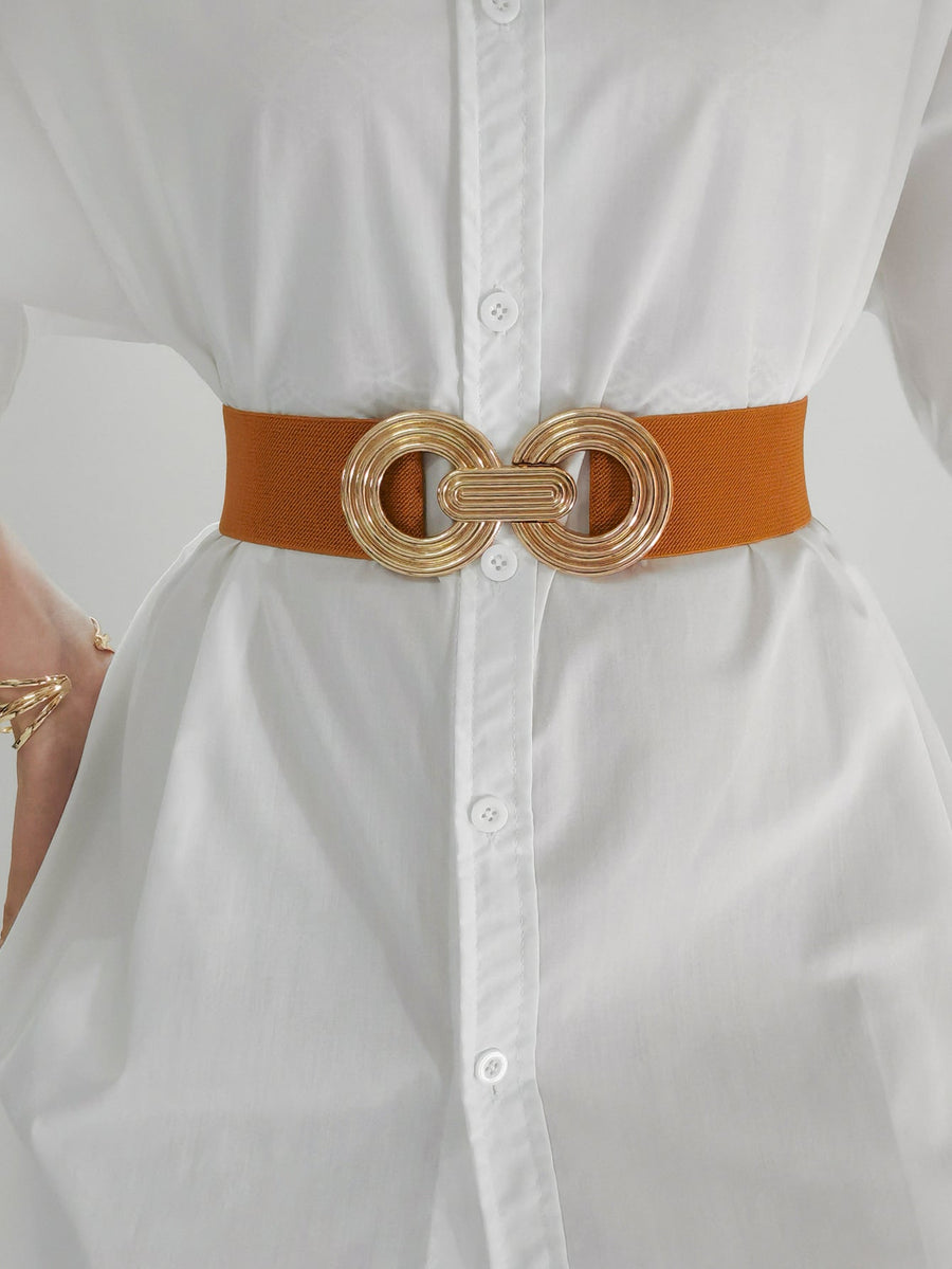 Interlocking circle stretch belt in caramel with gold alloy buckle detail