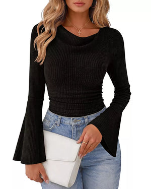 Dark Brown Ribbed Bell Sleeve T-shirt