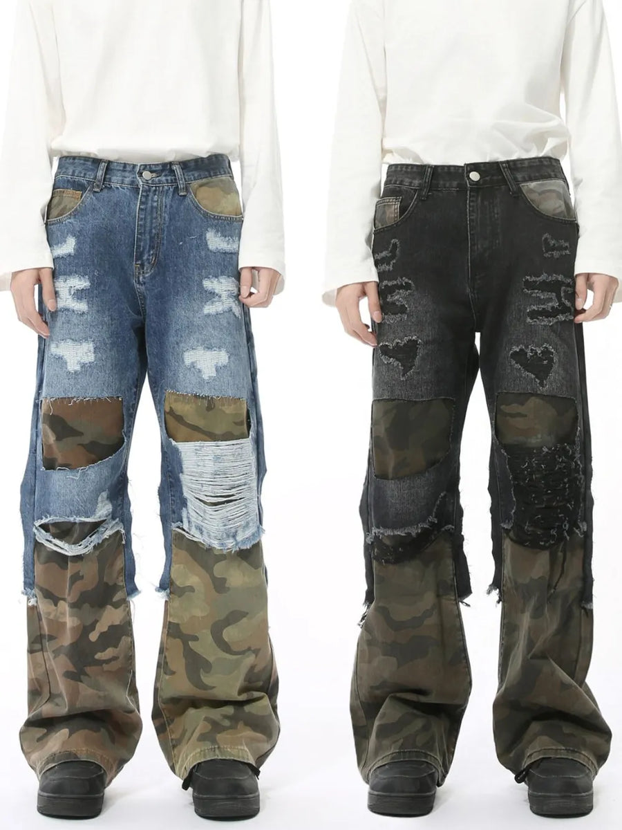 Camouflage panel distressed wide-leg jeans in medium and dark washes with ripped details.