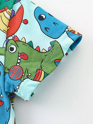 Boys' cotton t-shirt with a fun cartoon dinosaur print in light blue.