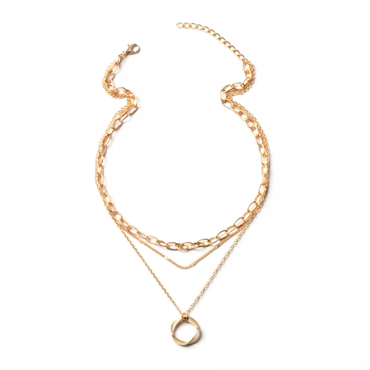 Gold layered necklace with a circular pendant and mixed chain styles