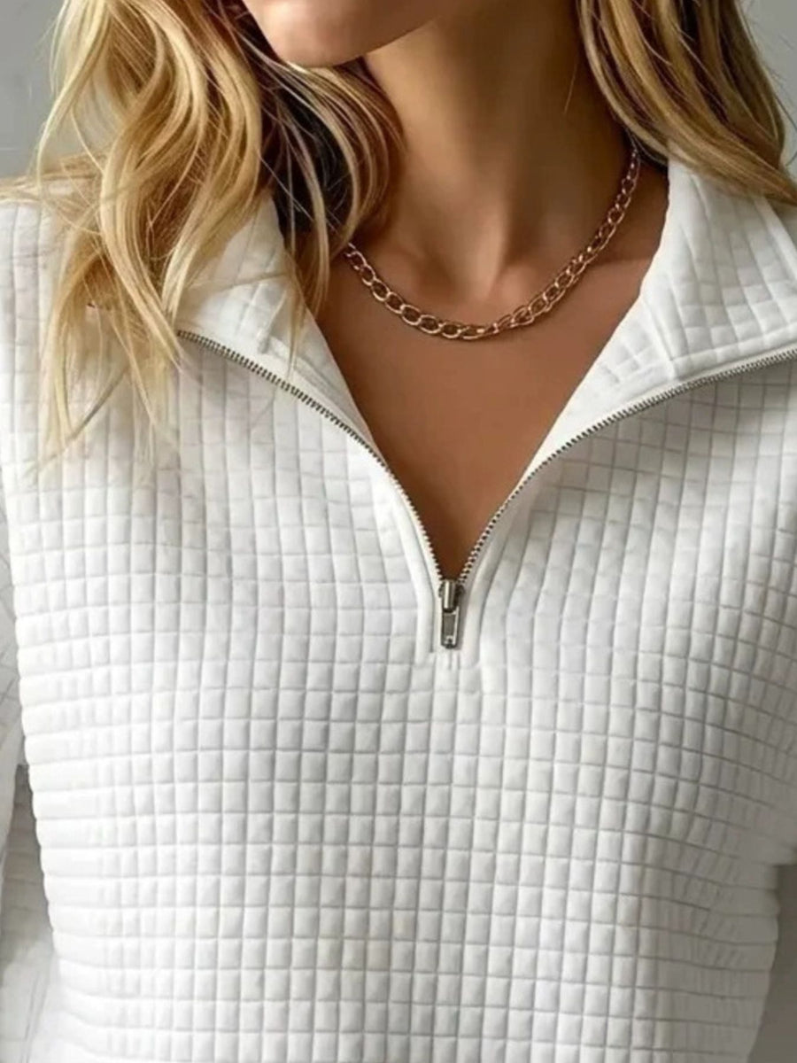 blush pink sweatshirt featuring zipper and waffle knit