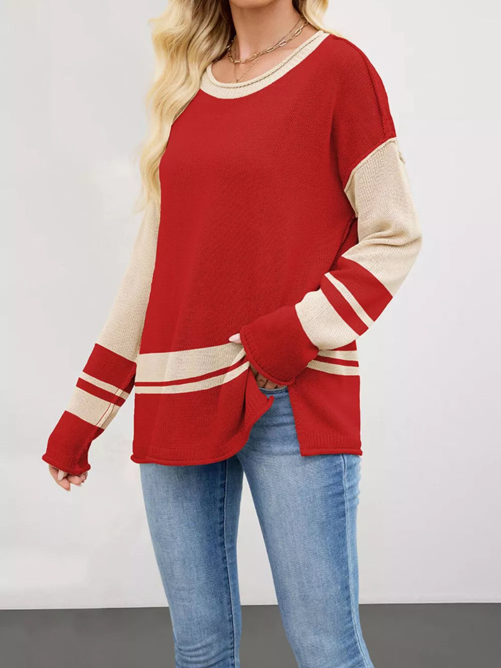 100% Acrylic Care instructions: Machine wash cold pullover sweater in Red with relaxed silhouette
