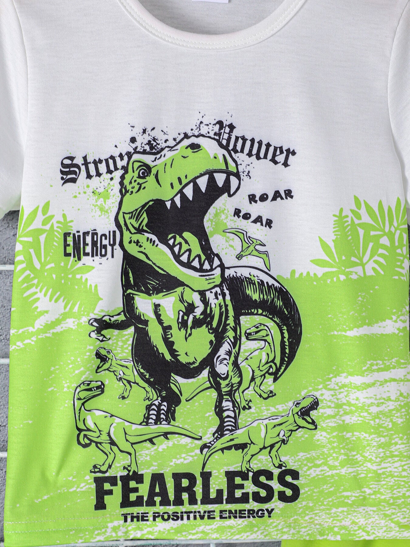 White crew neck t-shirt with a large green dinosaur graphic and text.