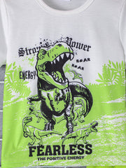 White crew neck t-shirt with a large green dinosaur graphic and text.