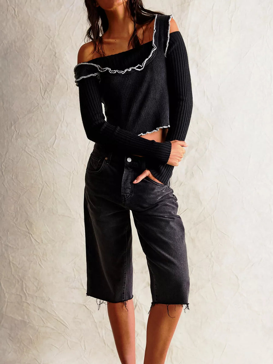 Black ribbed square neck crop top with lettuce trim and off-the-shoulder detail