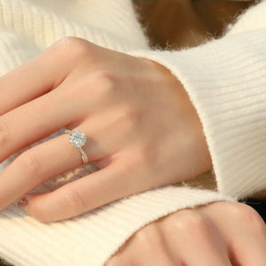 Brilliant Moissanite Halo Ring in 925 silver with a dazzling round center stone and pave band.