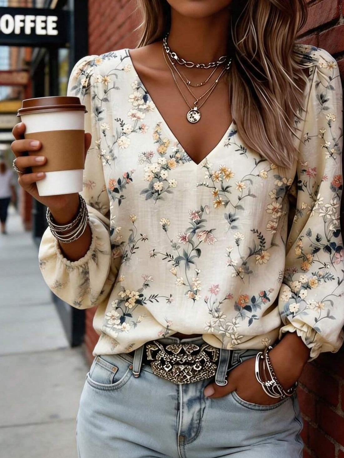 ivory blouse with ditsy floral and v-neck