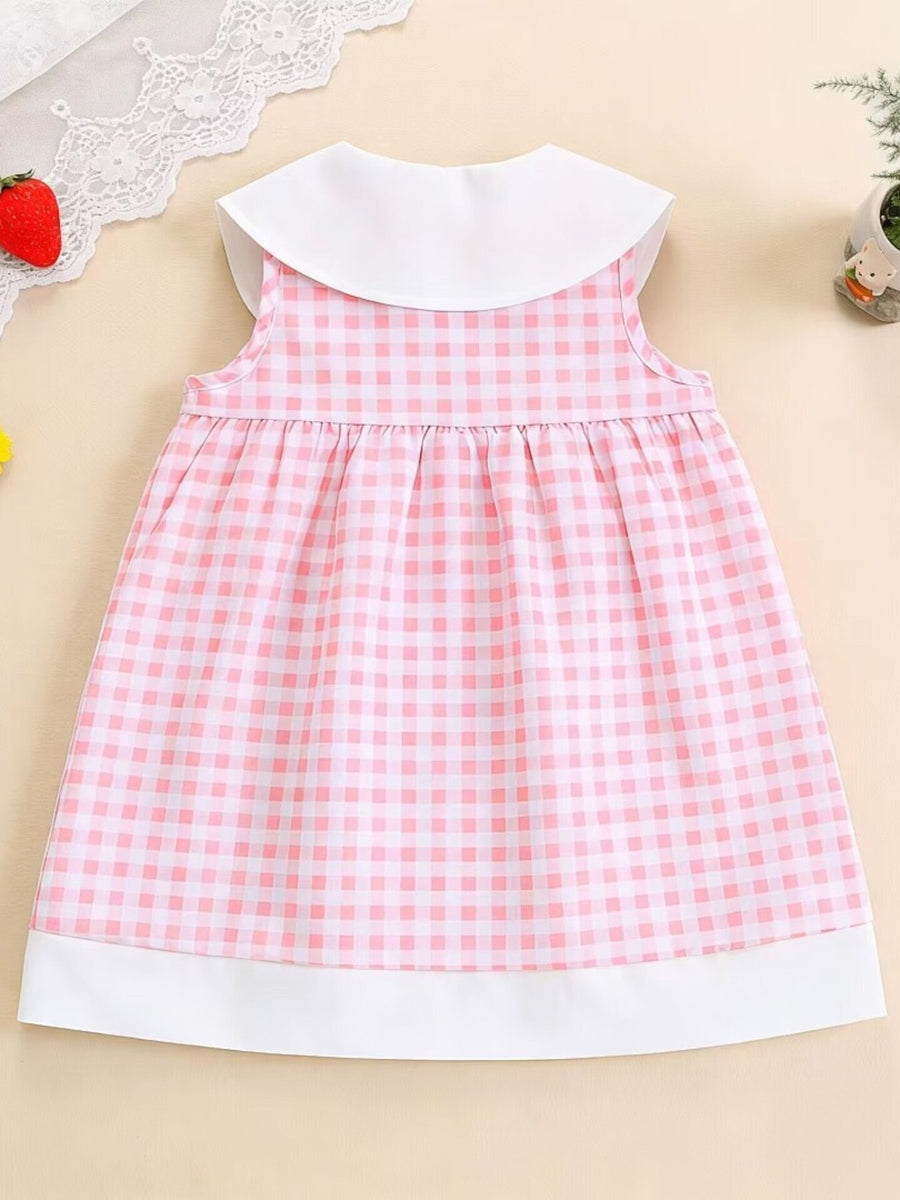 Pink gingham toddler dress with white Peter Pan collar and hem