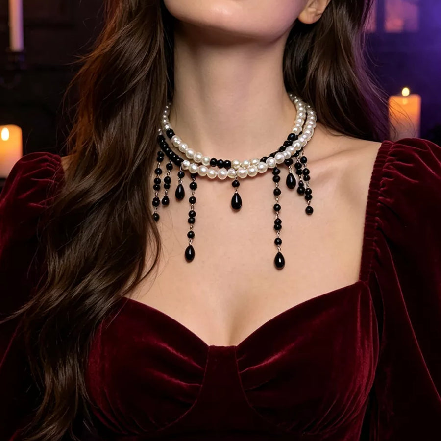 Halloween Pearl Double Layered Choker Necklace in ivory with double-layered
