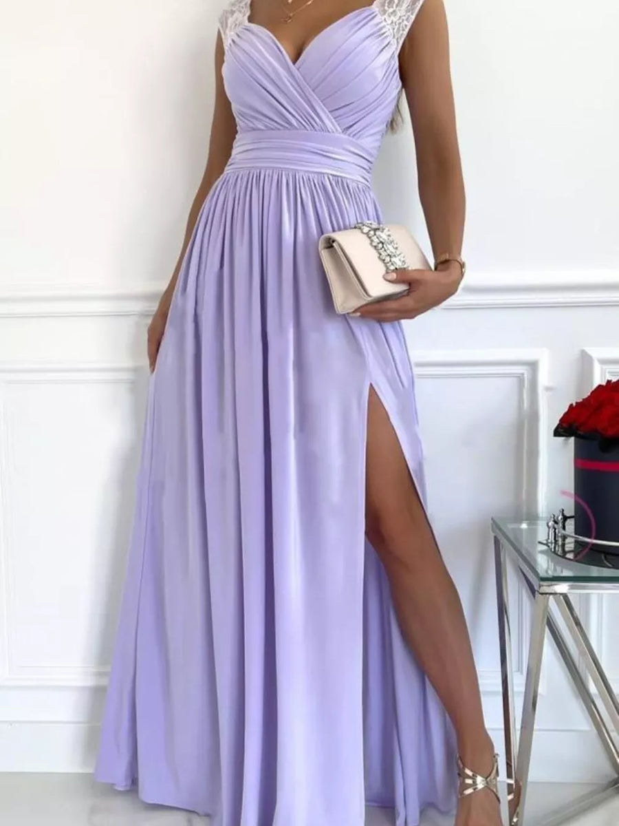 Lavender maxi dress with lace accents, V-neck, high slit, and ruched waist.