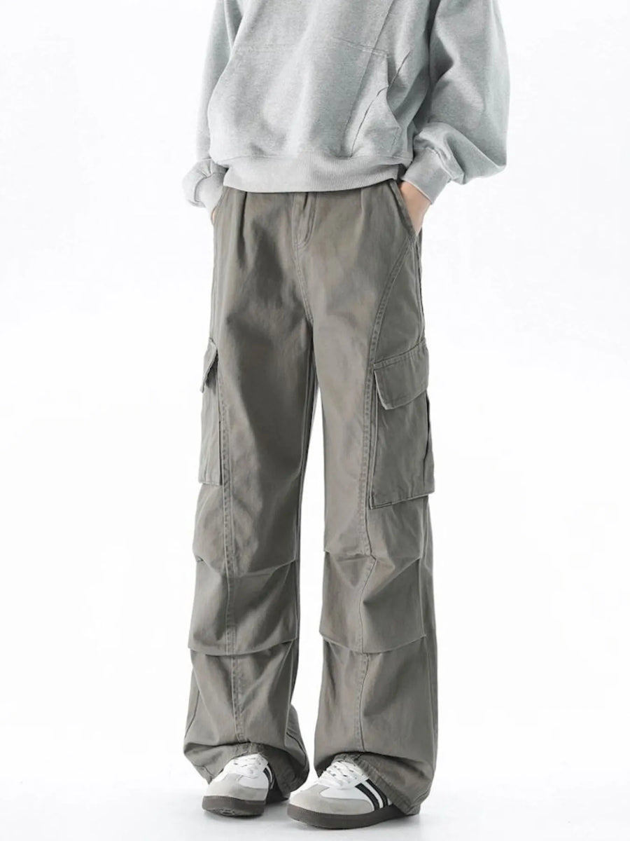 Relaxed fit gray cargo pants with multiple pockets and a casual style.