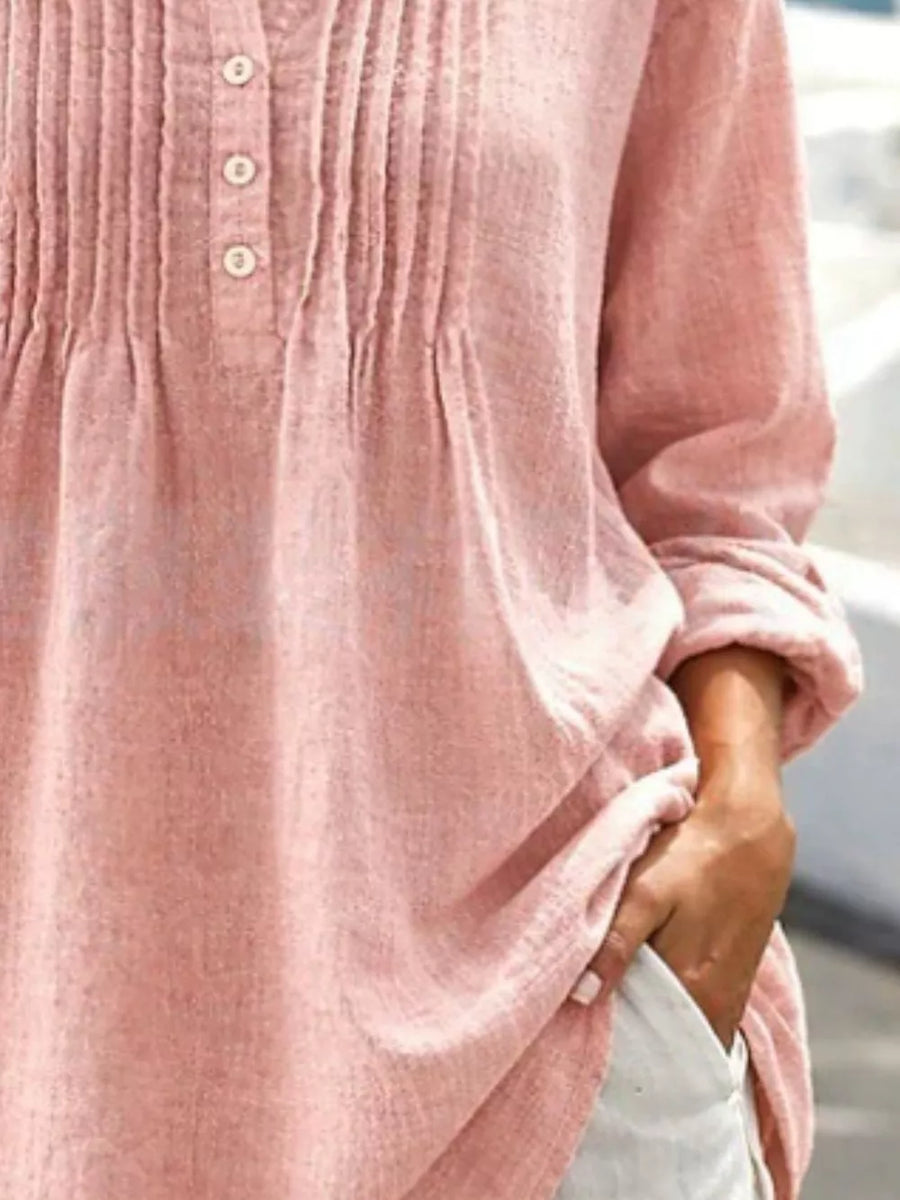 Casual Button Detail Long Sleeve Linen Shirt in White