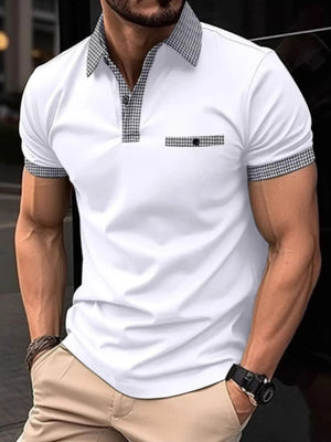 White polo shirt with black gingham trim on collar, pocket, and sleeves.