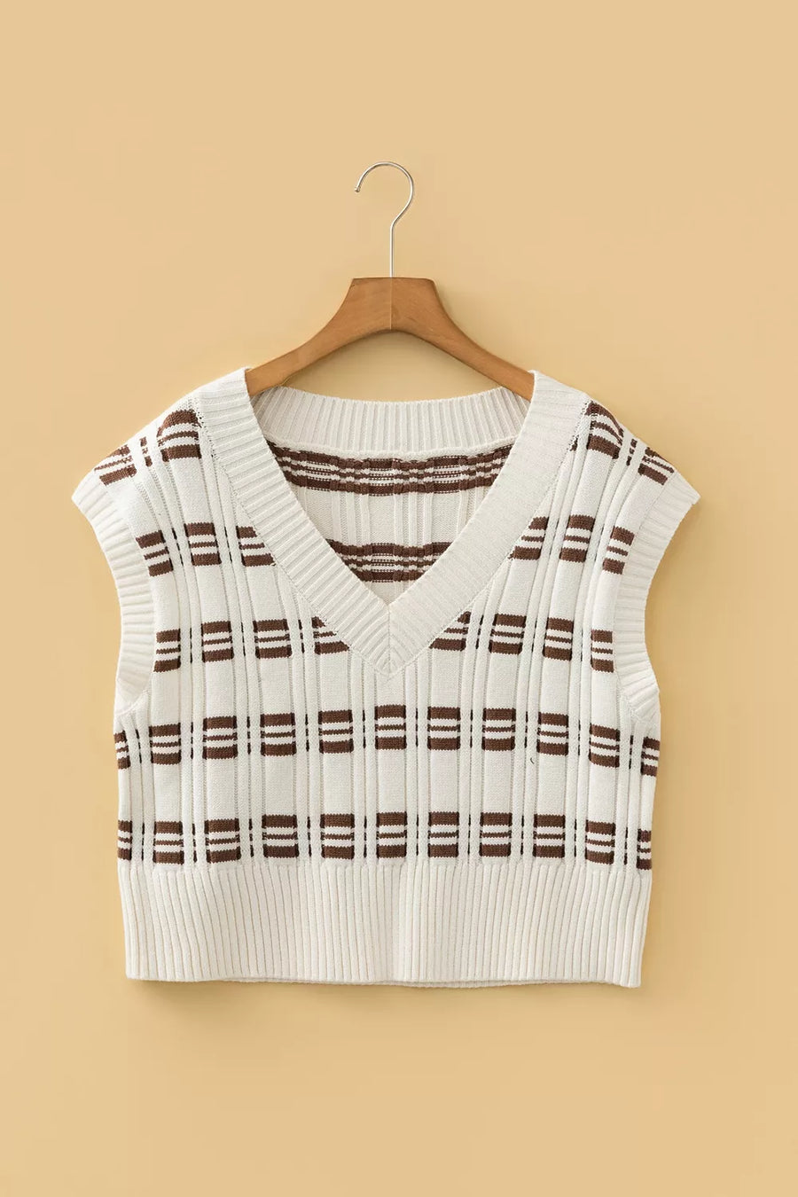 Contrast Geometric Textured Knit V Neck Cropped Sweater Vest option 3