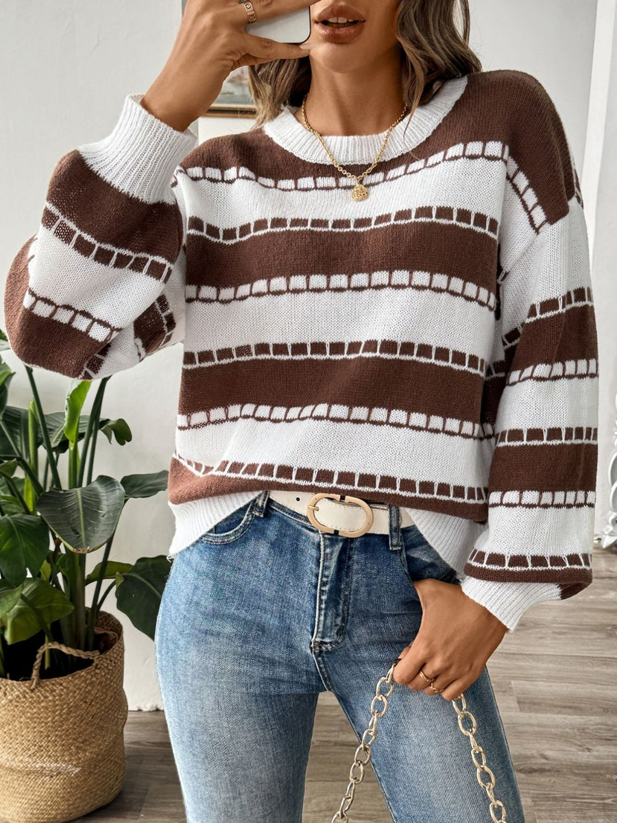 Textured stripe crewneck sweater in chocolate and white, with crew neck and long sleeves.