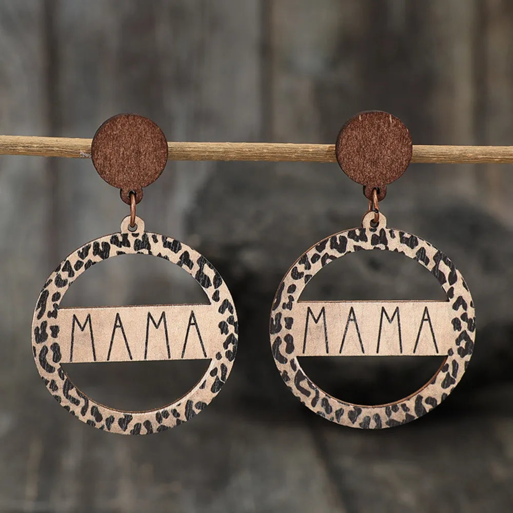 Textured wood mama earrings with leopard print detail and round studs
