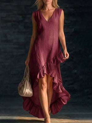 Black Full Size V-neck Ruffle Hem High-low Dress