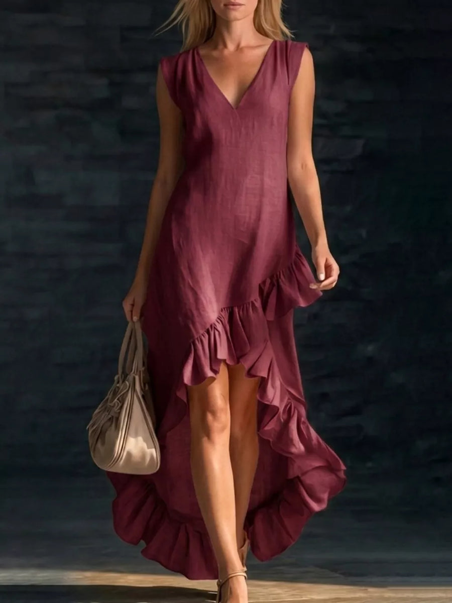 Black Full Size V-neck Ruffle Hem High-low Dress