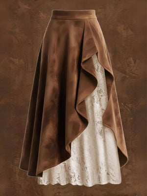 Brown asymmetrical midi skirt with delicate lace underlay and ruffled detail.