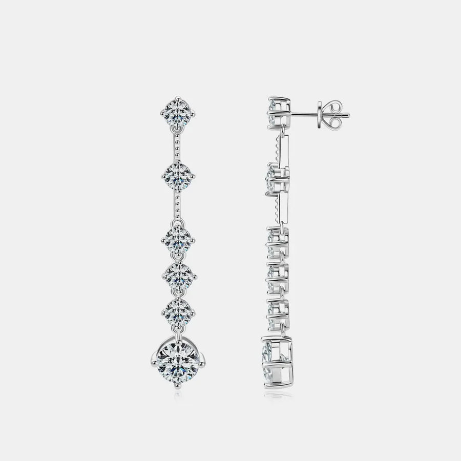 Silver cascading drop earrings with multiple round-cut diamonds.