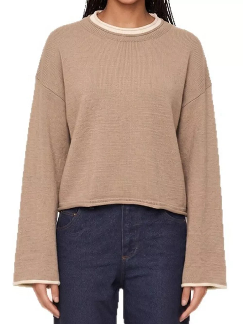 crewneck sweater in camel featuring ribbed and relaxed fit