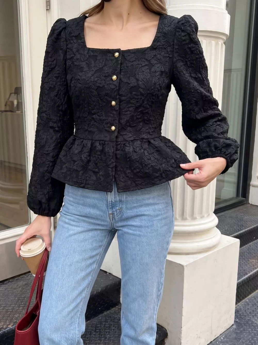 peplum top in White with buttoned and waist-length