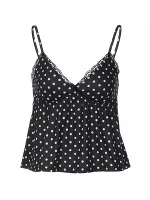 Black polka dot cami with lace trim and adjustable straps.